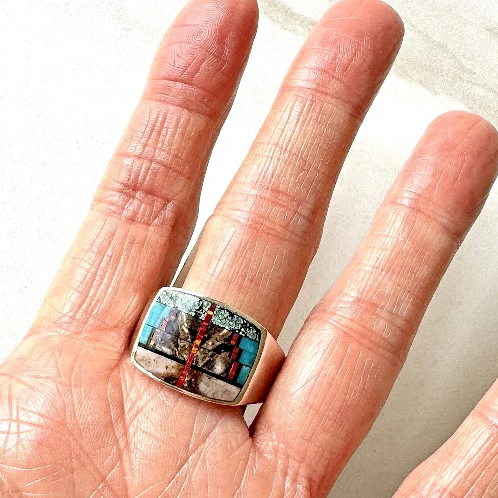 Navajo Mens Inlay Ring Turquoise Inlay Sz 12 Band 15mm Signed Tsosie Native Amer